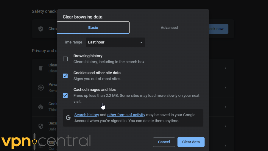 Clear Cached images and files and Cookies and other site data in Chrome