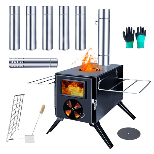 Fitinhot Camp Wood Stove, Tent Wood Burning Stoves Portable with Chimney Pipes, Upgraded Titanium Surface Camping Stove, Heat Resistant Glass & Gloves for Outdoor (Black)