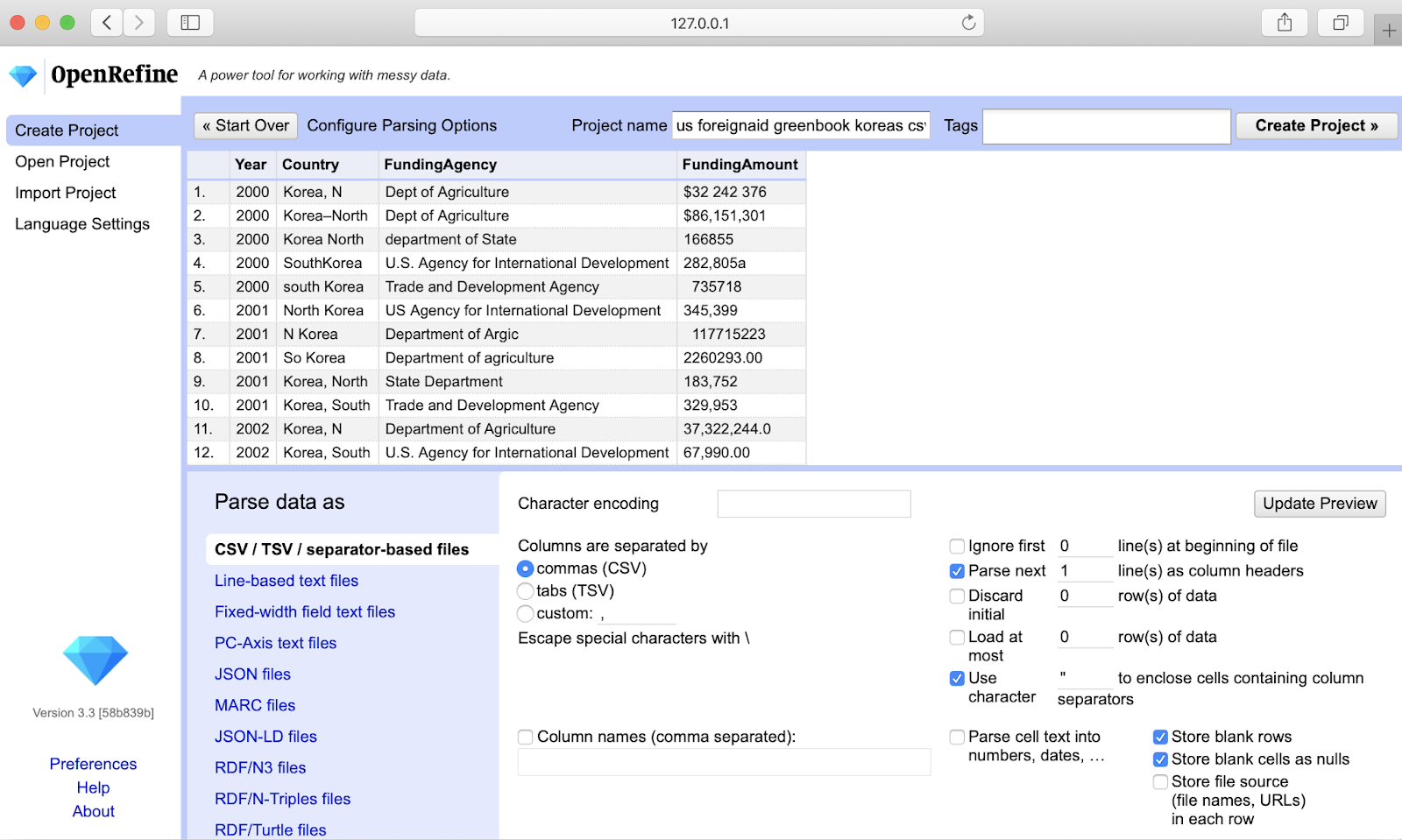 OpenRefine UI