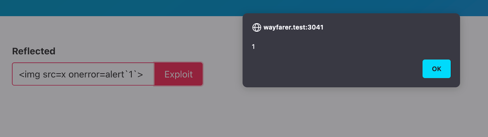 The test form rendered within the browser, with the img onerror payload from the fuzzer visible in the input box. An alert pop-up is visible, indicating that the onerror handler executed.