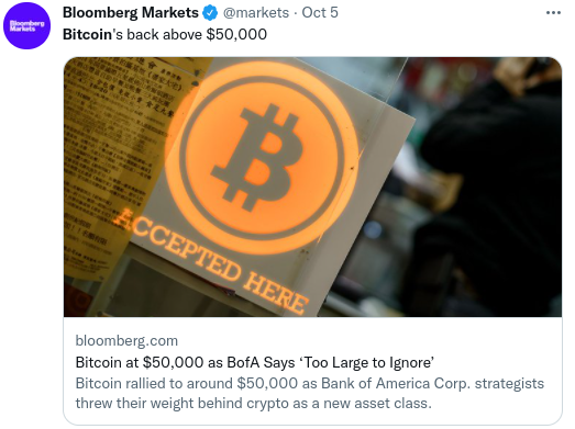 Bloomberg tweets Bitcoin above $50,000