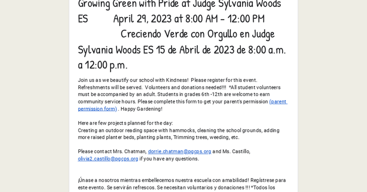 Growing Green with Pride at Judge Sylvania Woods ES April 29, 2023 at 8:00 AM - 12:00 PM Creciendo Verde con Orgullo en Judge Sylvania Woods ES 15 de Abril de 2023 de 8:00 a.m. a 12:00 p.m.
