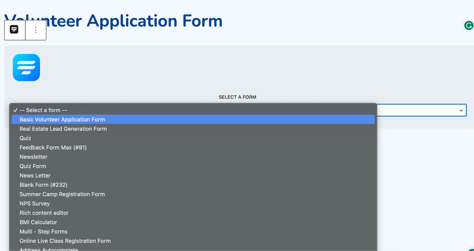 fluent forms block, gutenberg, publish form