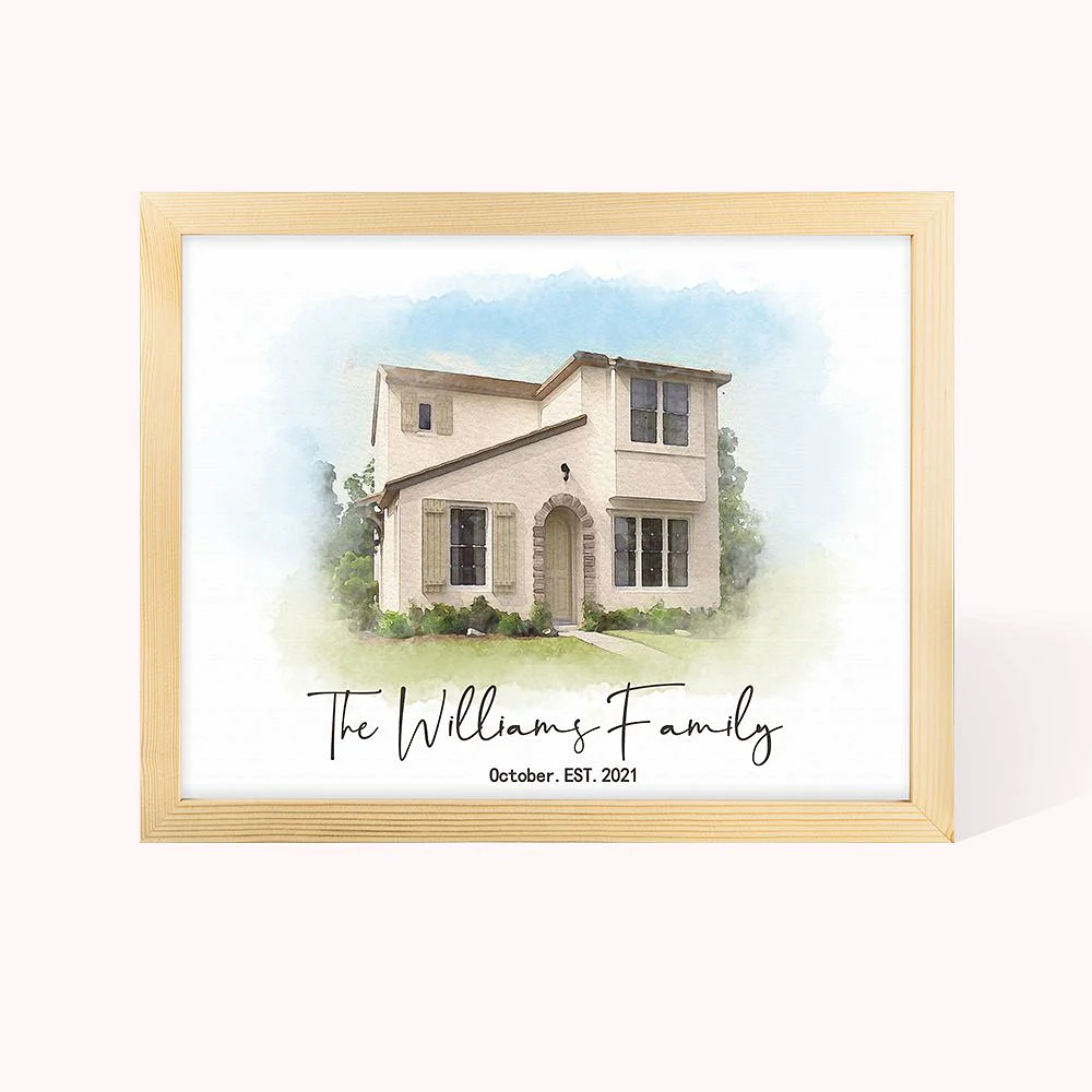 portrait d’une maison, type peinture à l’huile, avec phrase de personnalisation.