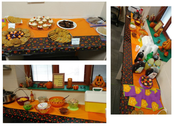Three images of treats and dinner that the parent teacher club provided to teachers during conferences