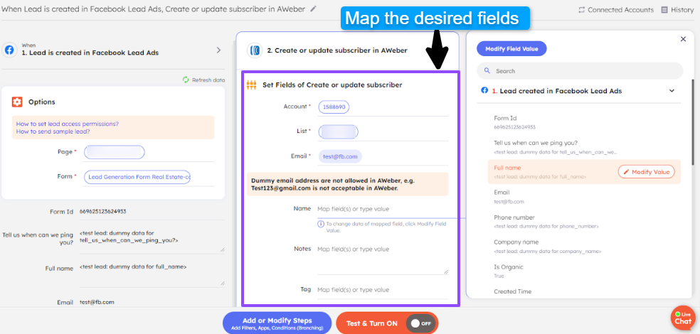 Mapping of fields for Facebook Lead Ads + AWeber integration