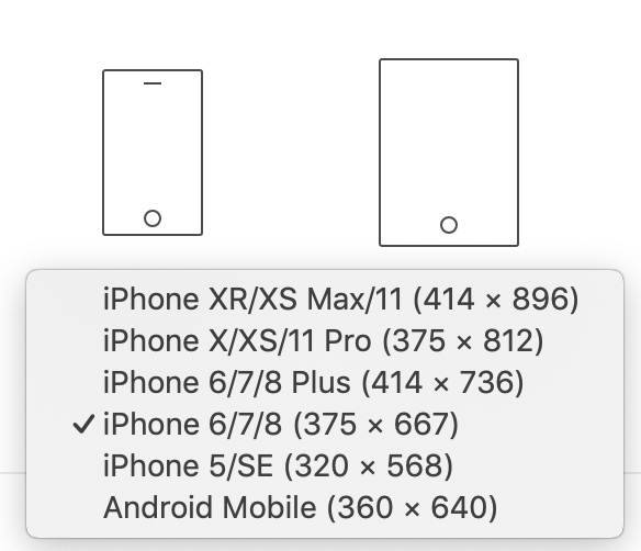 A series of artboard dimension options for a mobile app wireframe being designed in Adobe XD.
