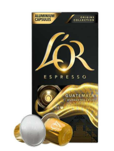 Cápsula de Café Espresso Guatemala L'or, embalagem preta com detalhes em dourado