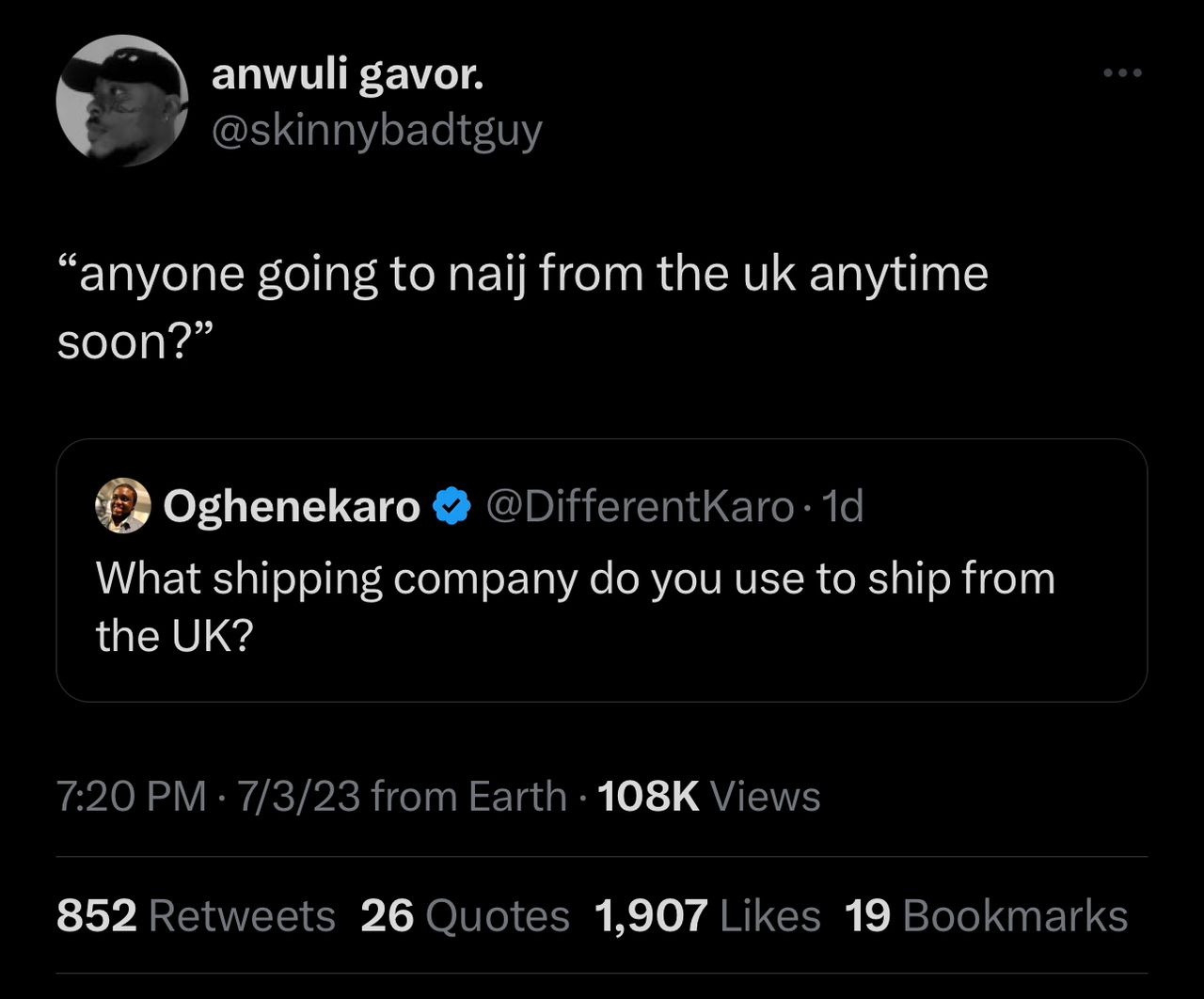 A tweet showing Nigerian shipping problems