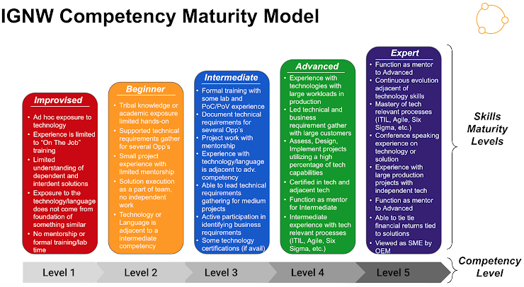 Please use this maturity model as you complete the following skills self-assessment.  The descriptions below are not intended to be complete, consider them as "directionally accurate" for the technologies and processes in future sections.  The information collected will be used to help with Practice Builder definition, suggested areas of technical training as well as processes beneficial of focus.
