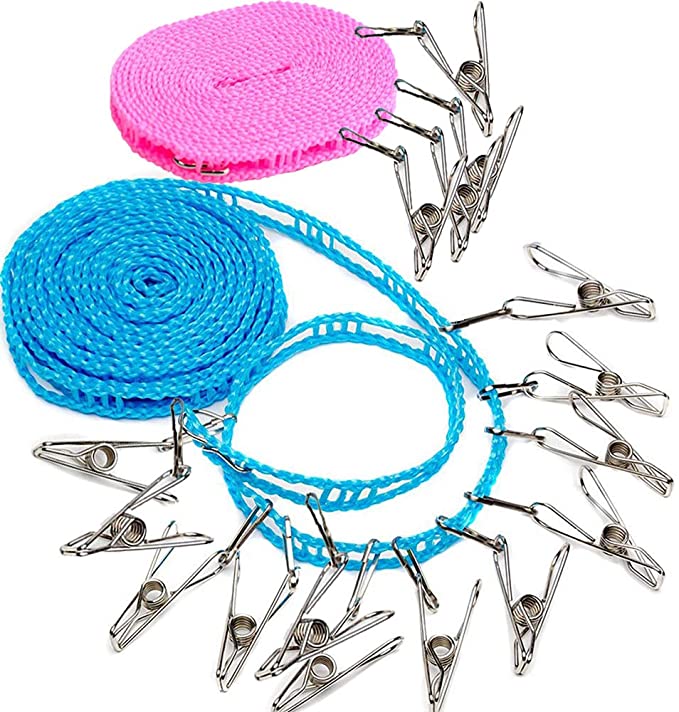 Clotheslines 2 Pack Camping Clothesline with 16 pcs Metal Clips Drying Rope Portable Windproof Travel for Hotels Clothes Drying line Clothing Rack Outdoor Clothesline Laundry Clothes Line