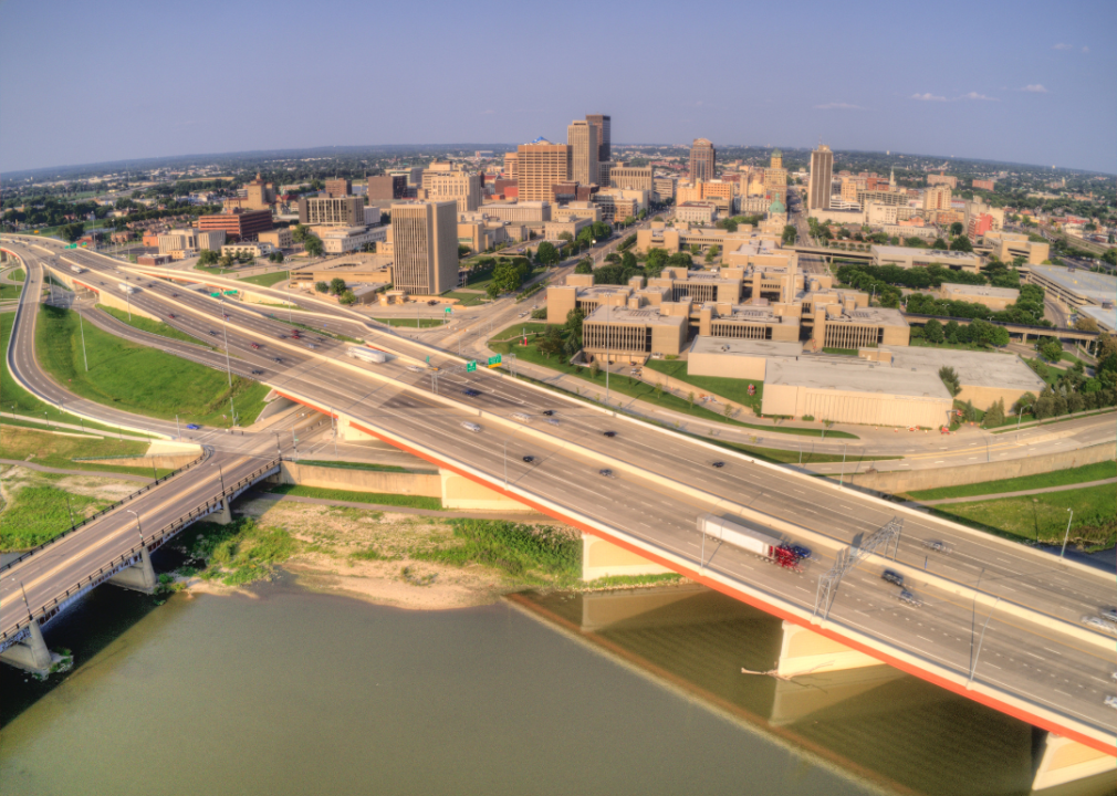 An aerial view of Dayton, Ohio, in summer