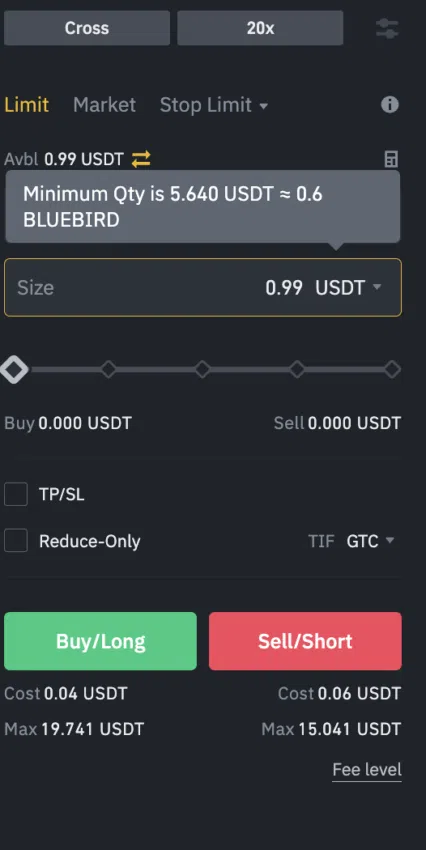 Man sieht das Handelsmenü  für USDT und BLUEBIRD auf Binance - Ein Bild von binance.com.