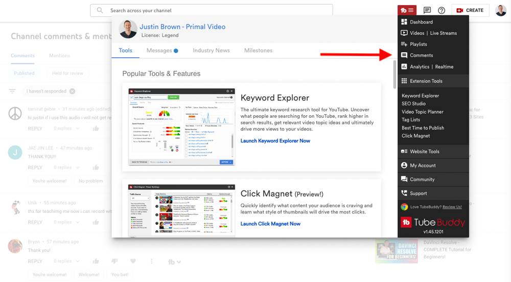 Where to access Comments in the TubeBuddy plugin