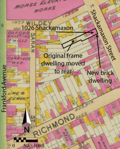 This 1901 fire insurance map depicts the changes that occurred on the property at the turn of the twentieth century. The frame dwelling, formerly at the front of the property, has been moved tot the rear. In it's place stands the new brick dwelling that John and Theresa Smith had erected.