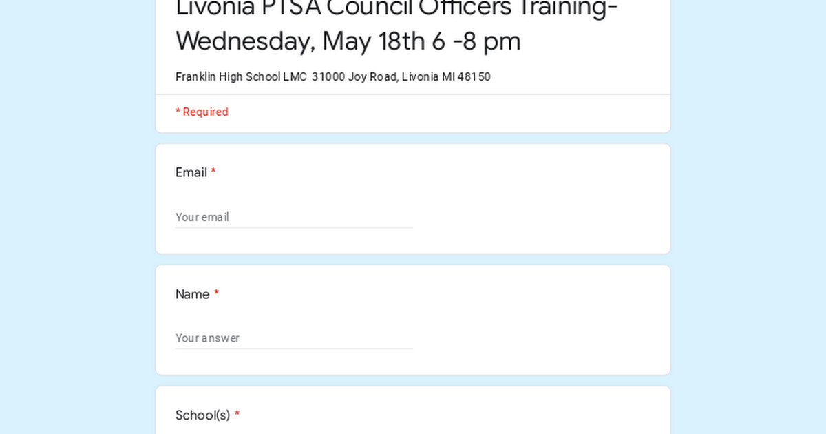 Livonia PTSA Council Officers Training- Wednesday, May 18th 6 -8 pm