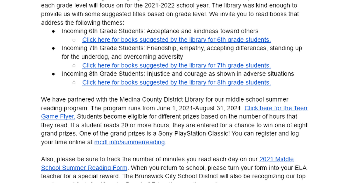 2021-2022 Middle School Summer Reading Letter to Families