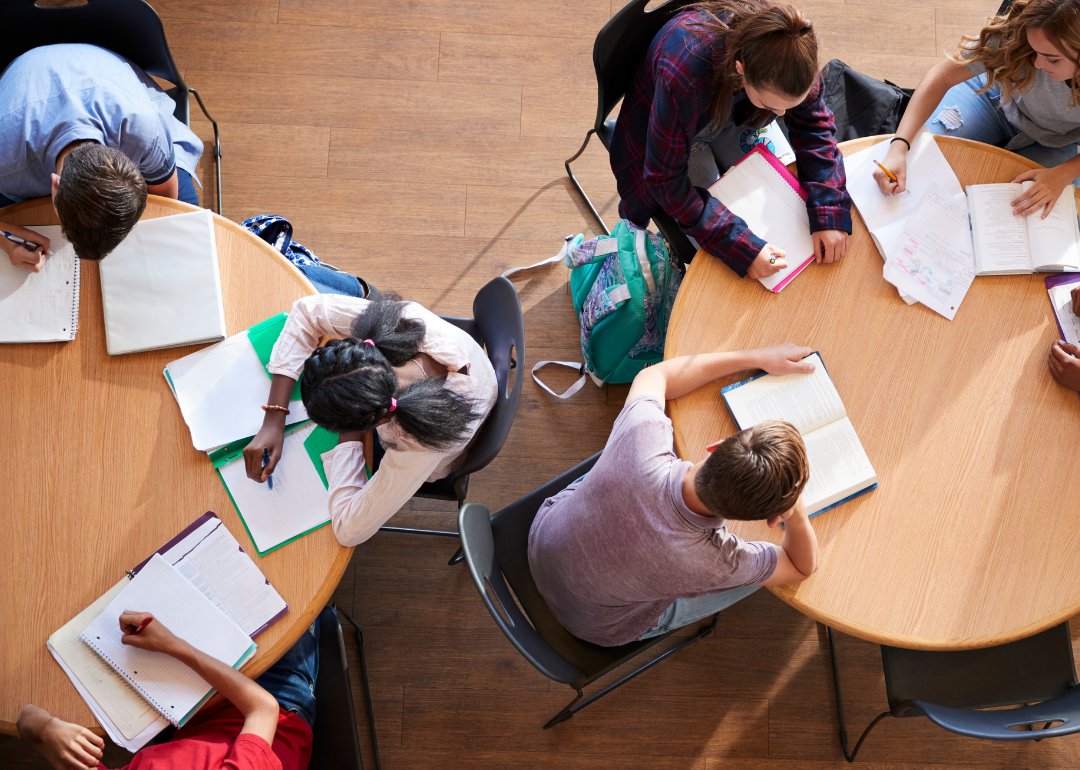 Overhead view of two round tables with groups of students studying.