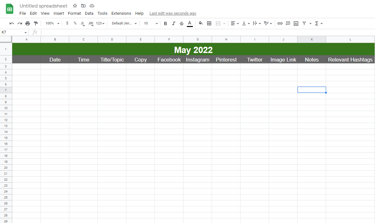 Social media calendar in Google sheets mid-creation