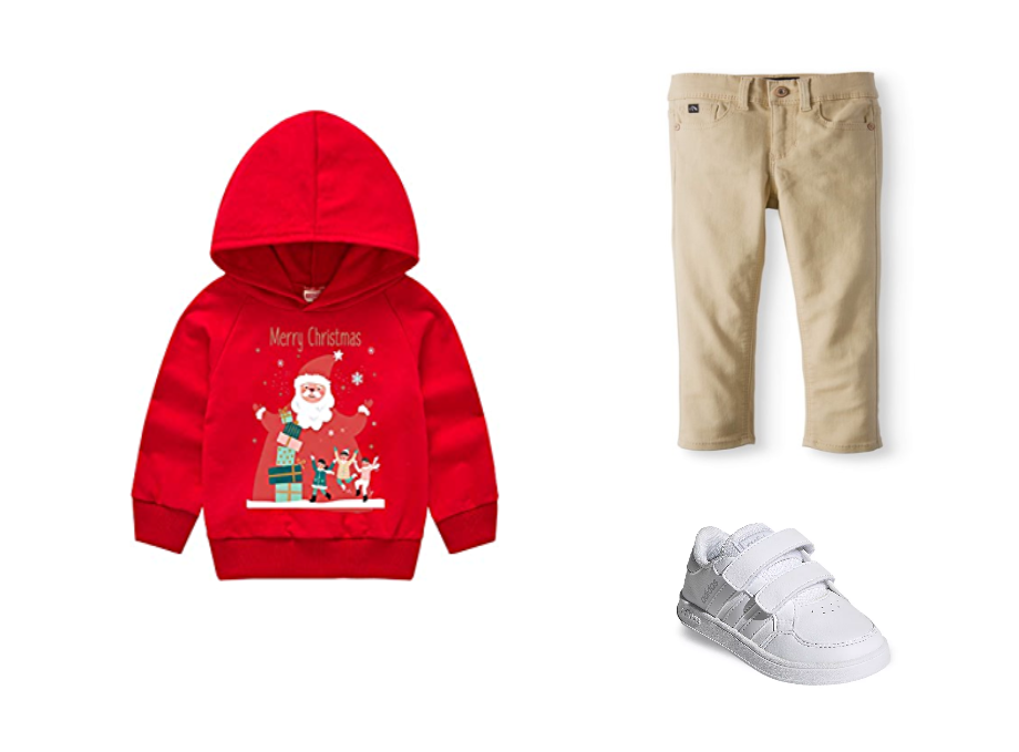 Christmas hoodie + chinos + white shoes
