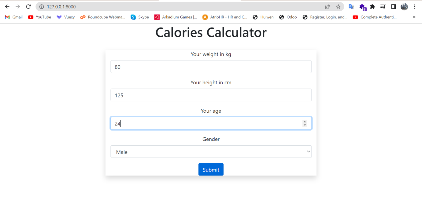first output for Calorie Calculator in Django Python