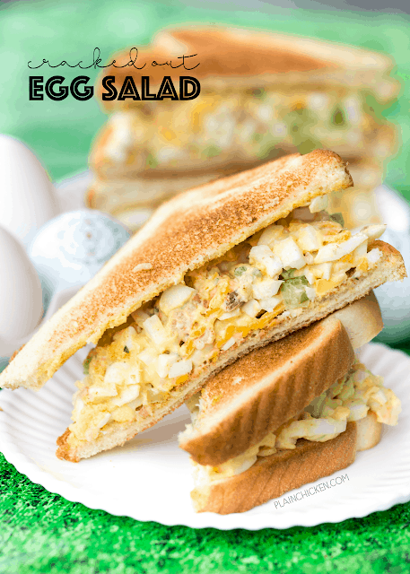 Cracked Out Egg Salad - OMG! Seriously delicious!!! Eggs, mayonnaise, Ranch mix, cheddar cheese, bacon, celery, vinegar and worcestershire. Can make ahead of time and refrigerate for later. I always make a double batch and it is gone in a flash! Everyone loves this easy egg salad recipe.