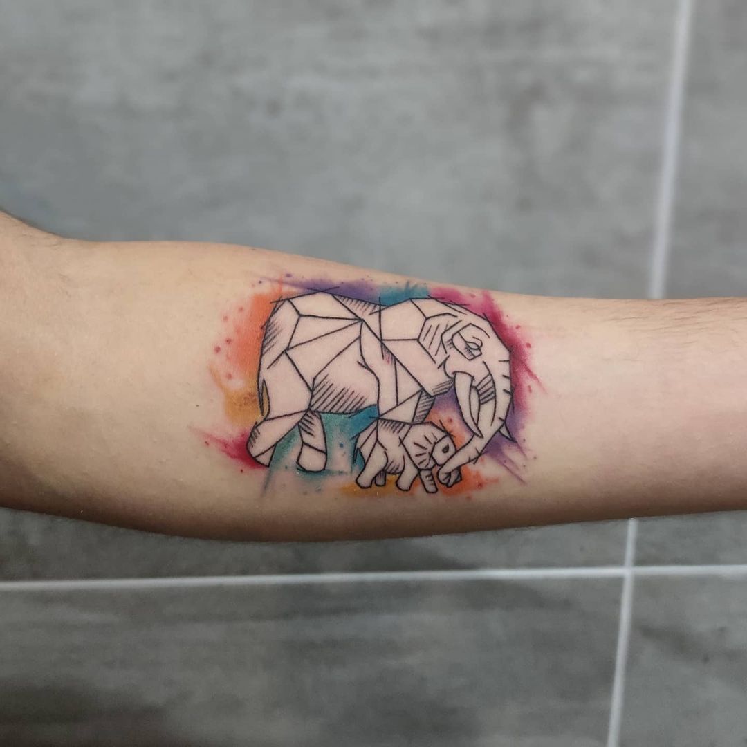 Watercolor Geometric Elephant Tattoo