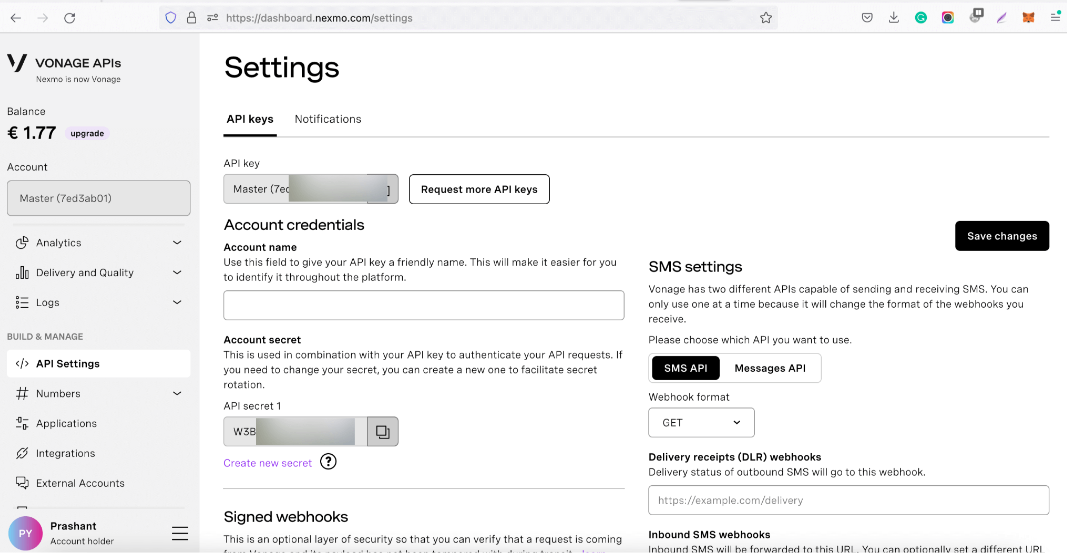 The Top Best Text Message Service Providers In The UK | Vonage API's user dashboard