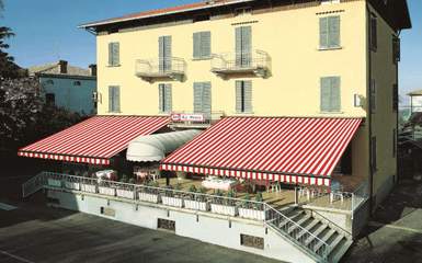 Red and white striped commercial awnings