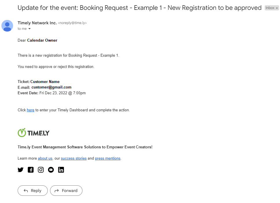 accept or reject RSVP booking request automated notification email example