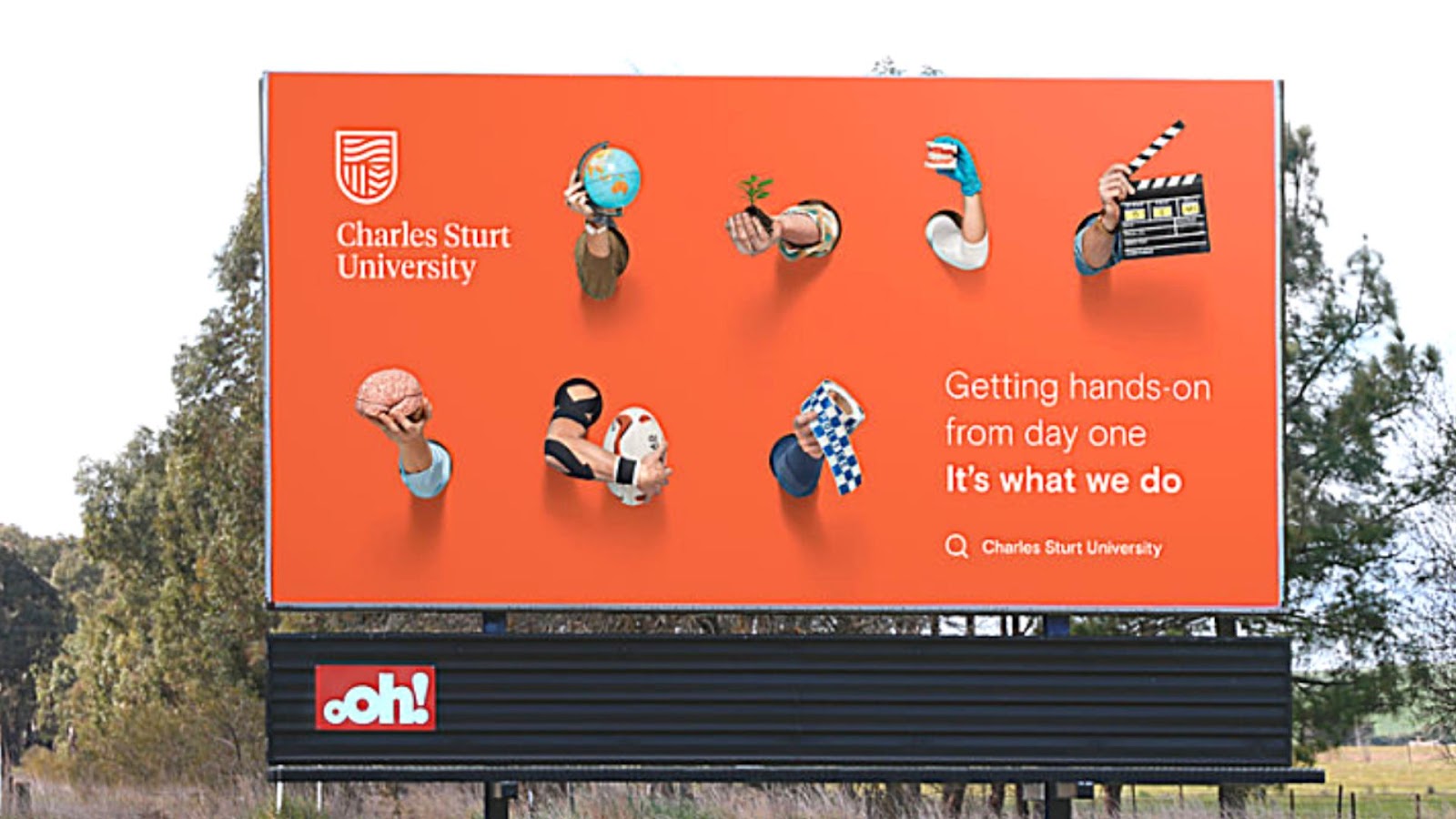 Charles Sturt University's billboard with the text, "Getting hands-on from day one It's what we do"