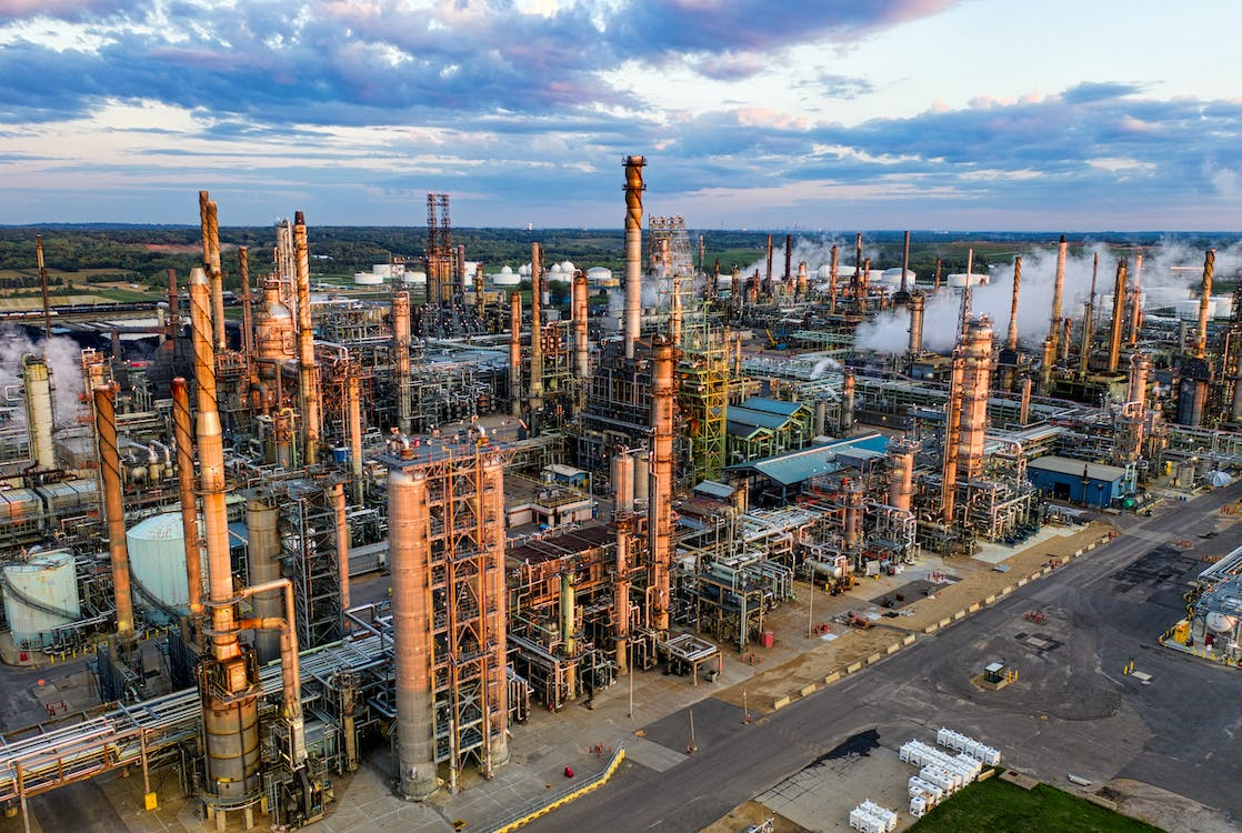 An aerial view of an oil refinery