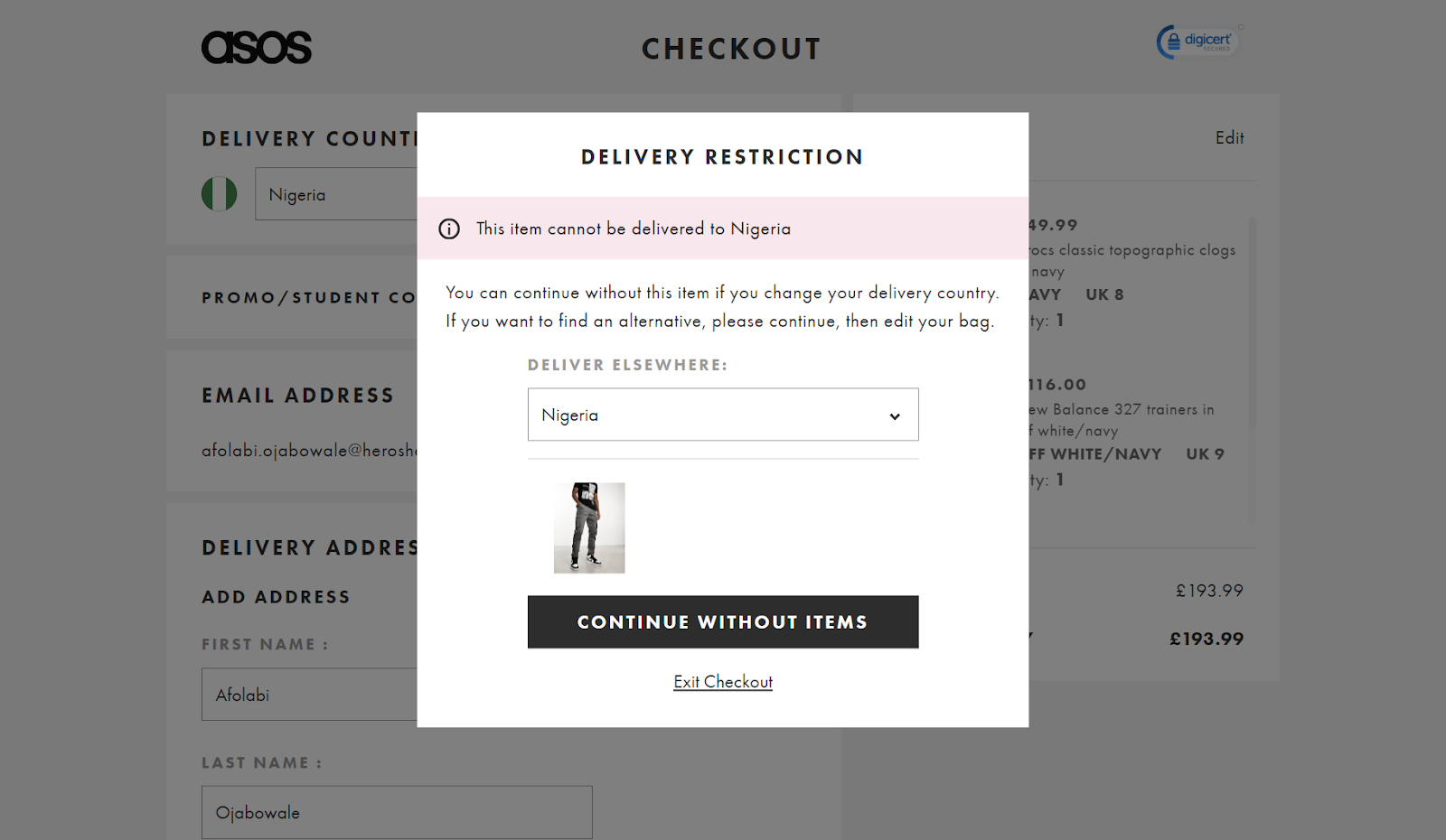 ASOS delivery restriction