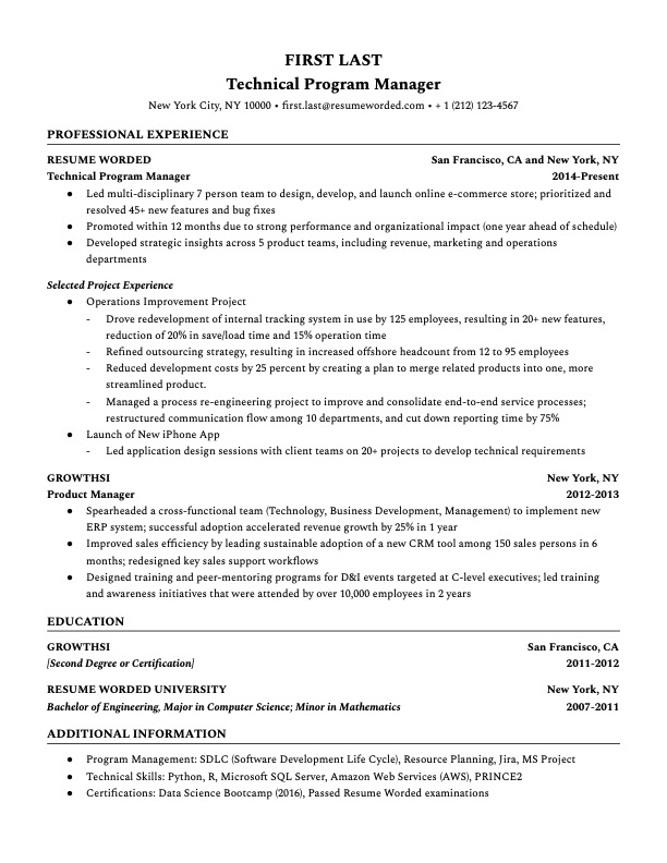 Resume template highlighting key project experience