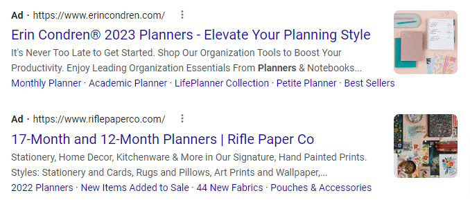Capture d'écran d'exemples d'annonces de paiement par clic sur le moteur de recherche Google