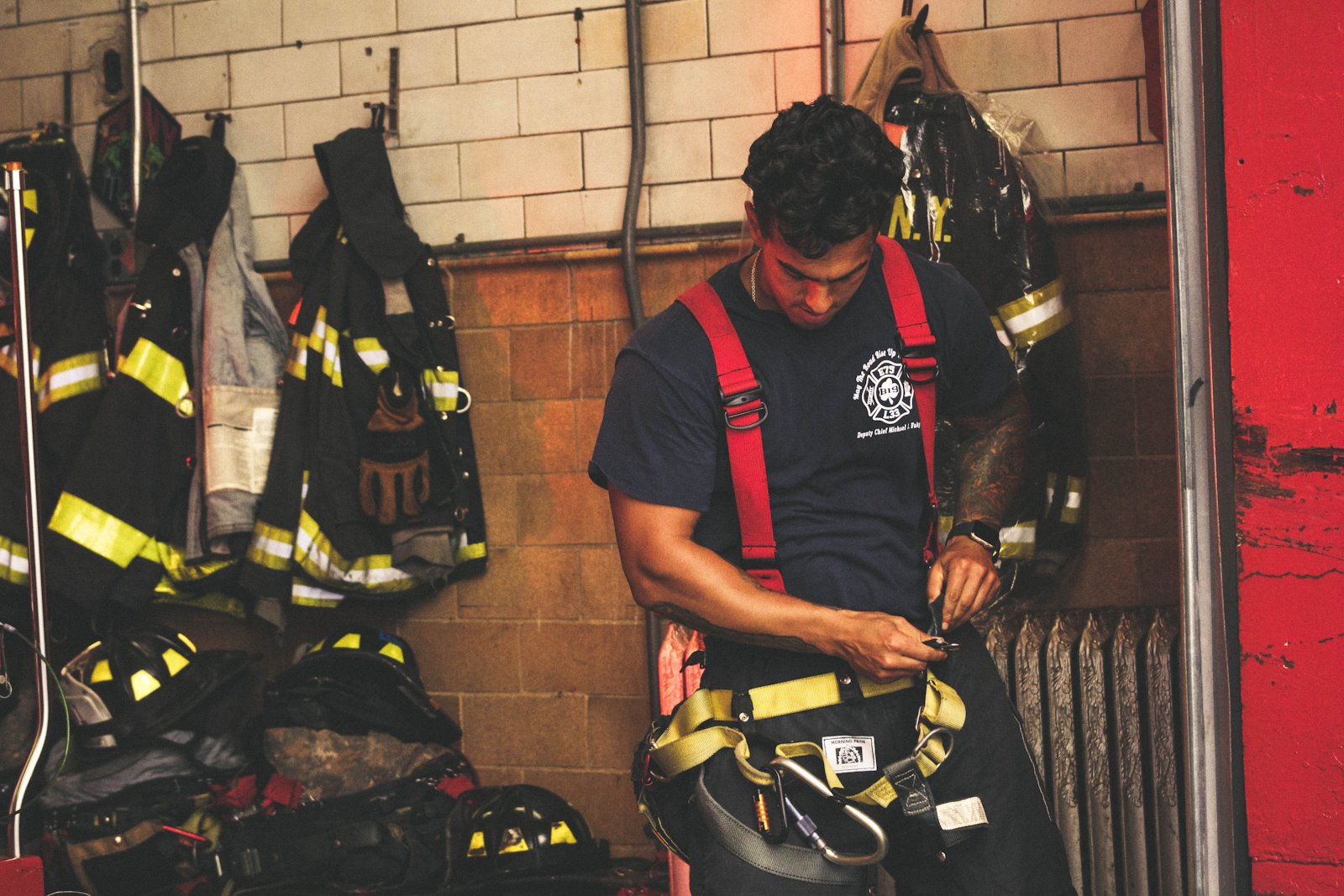 Firefighter prepping for duty