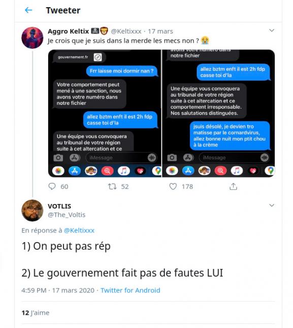 Réponse à un tweet à propos du SMS d'alerte du gouvernement sur le COVID-19