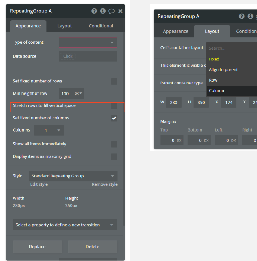 Screenshot of the Repeating Group component configurations