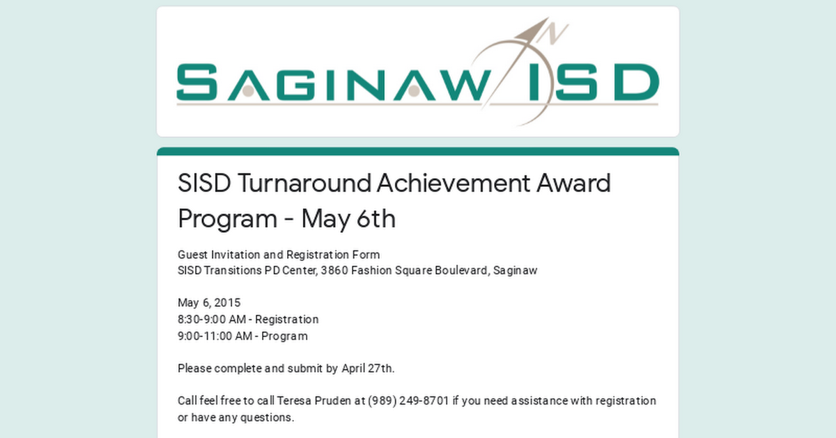 SISD Turnaround Achievement Award Program - May 6th