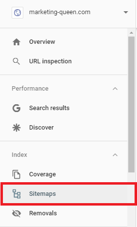 List of settings and sections on the Google Search Console dashboard