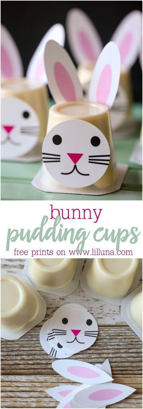 Easter Bunny Pudding Cups!! Such a cute idea for Easter parties and events. Get the free prints for these bunnies on lilluna.com Smakołyki Na Wielkanoc, Przyjęcie Wielkanocne, Wielkanocny Stół, Aktywności Dla Dzieci, Stampin Up, Rękodzieło Na Wielkanoc, Rzemiosło Dla Dzieci, Urocze Pomysły
