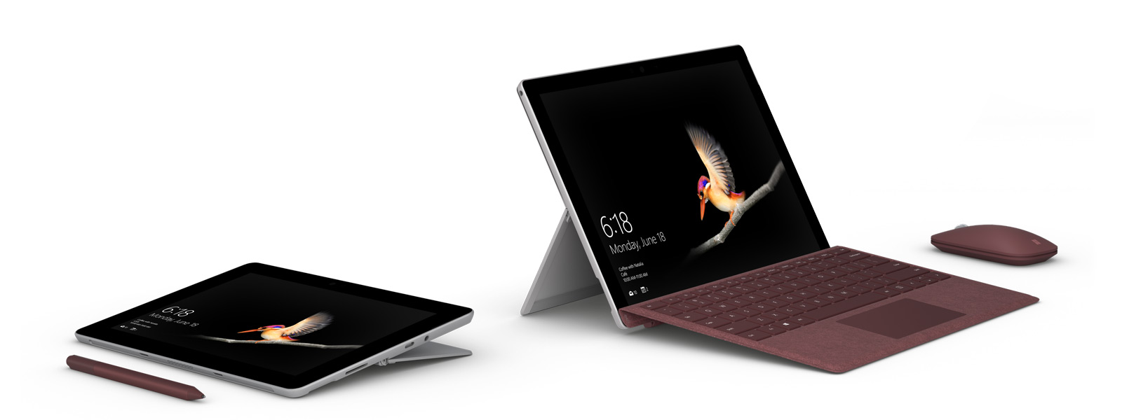 在左側，相片中的 Surface Go 支架放低至 165 度，並且 Surface 手寫筆表現出是個適用於繪圖和筆跡功能的出色裝置。在右側，相片中的裝置膝上型電腦模式並搭配使用配件，其中包括 Surface Go Signature Type Cover 專業鍵盤保護蓋和 Surface Mobile Mouse 滑鼠。
