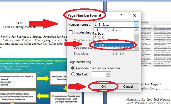 Tunggu sampai muncul jendela “Page Number Format”, kemudian klik dan cari pilihan angka romawi pada tombol dropdown “Number Format”