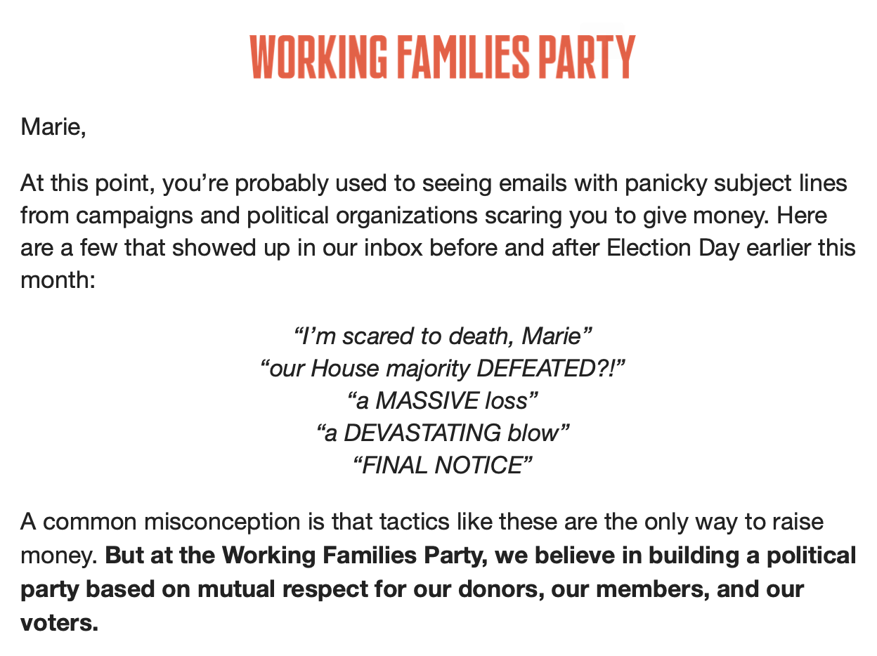 Screen capture of a fundraising email from the Working Families Party. 