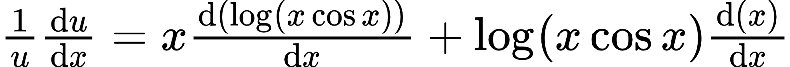 {"font":{"size":12,"color":"#000000","family":"Arial"},"code":"$\\frac{1}{u}\\diff{u}{x}=x\\diff{\\left(\\log_{}\\left(x\\cos x\\right)\\right)}{x}+\\log_{}\\left(x\\cos x\\right)\\diff{\\left(x\\right)}{x}$","id":"27-1","type":"$","ts":1598353877692,"cs":"fKW1lAcRTqqcrLPMjb+IGQ==","size":{"width":341,"height":28}}