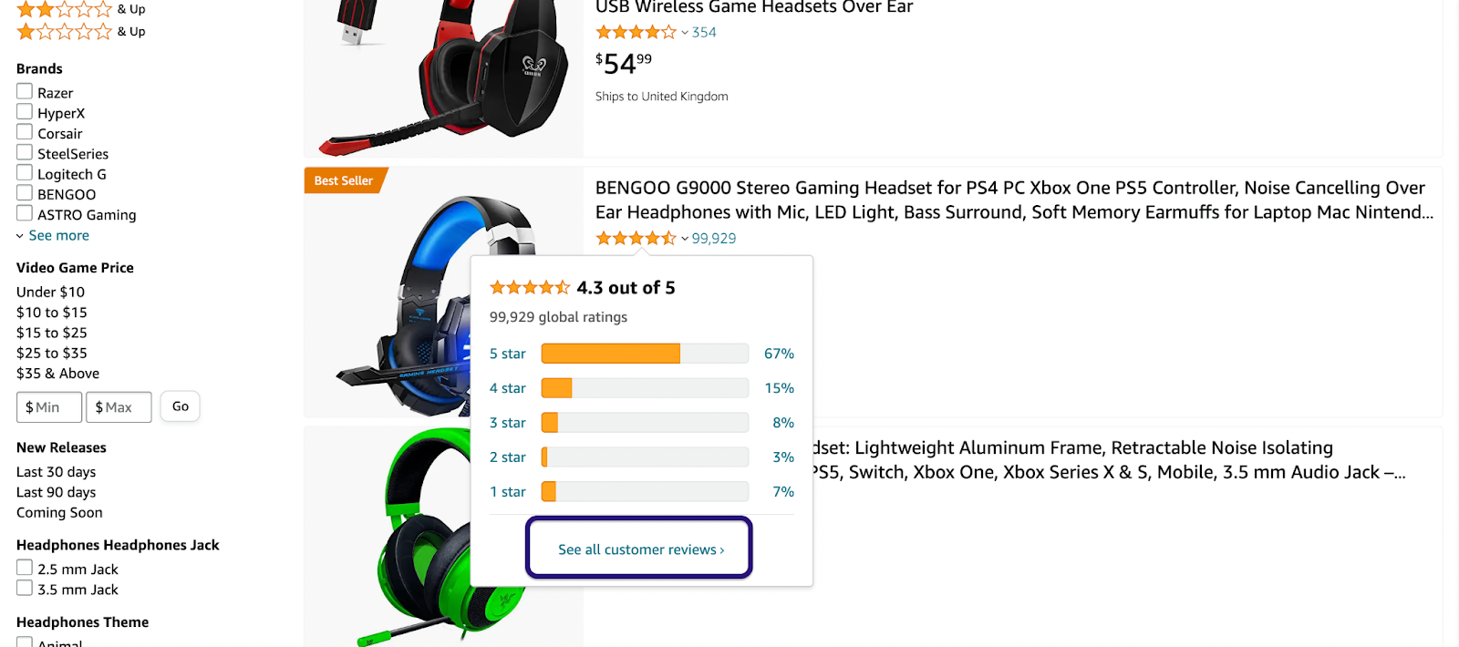 The image Customer reviews for a specific gaming headset brand. 
