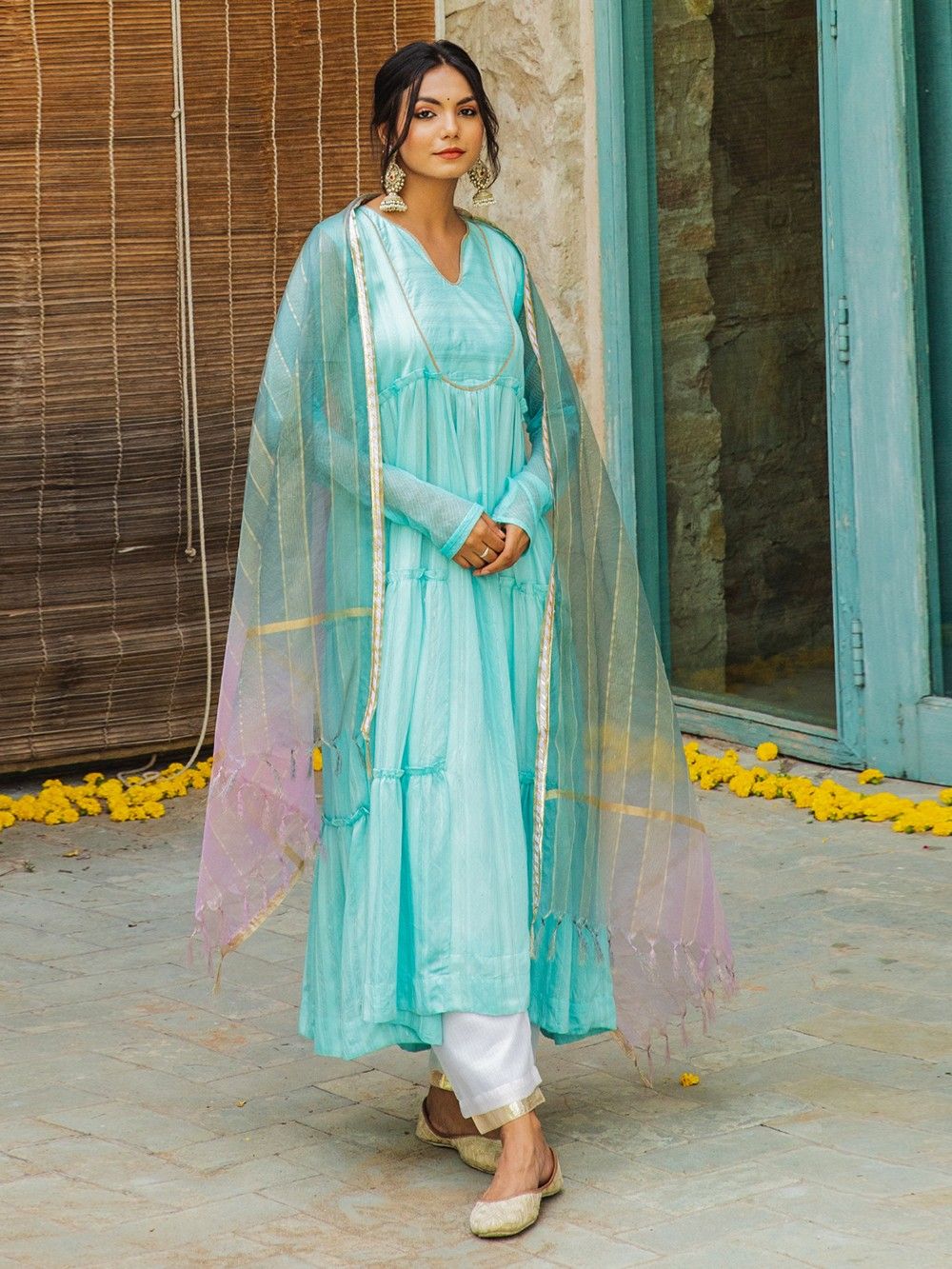 the loom - Aqua Blue Chanderi Blend Tiered Kurta