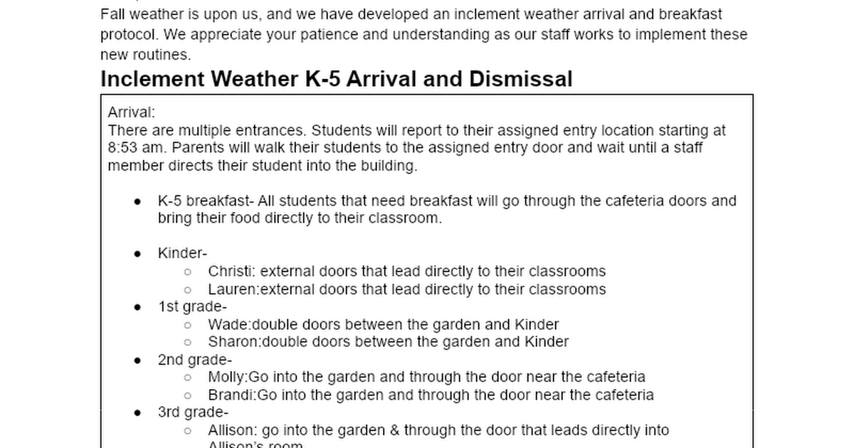 CSS Inclement Weather Arrival and Dismissal