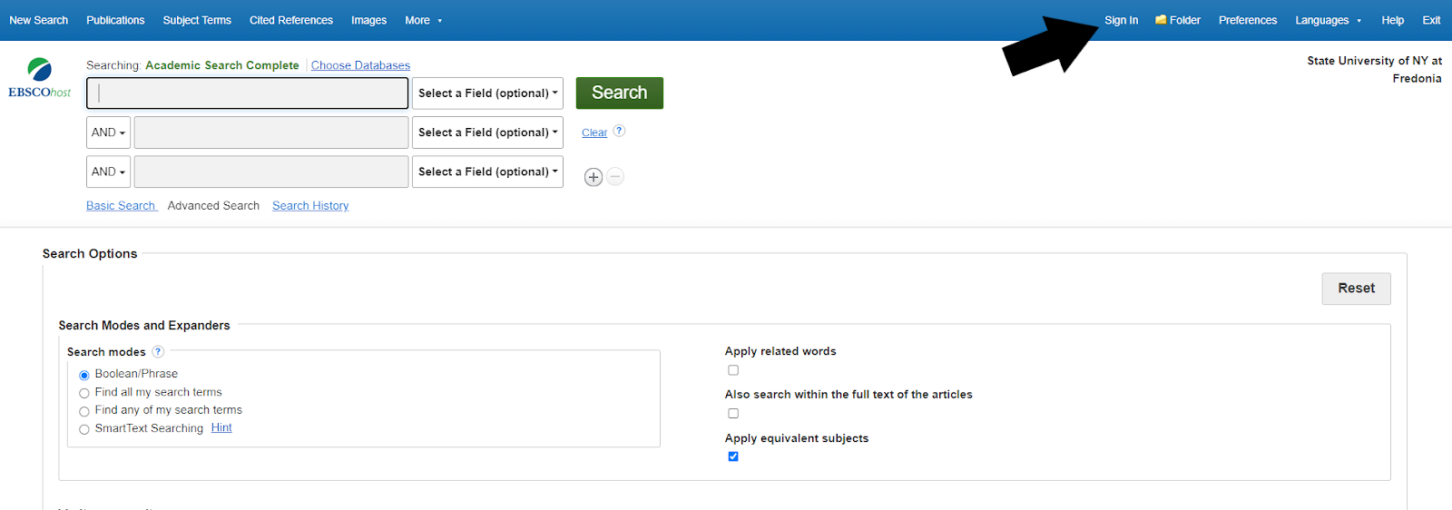 Screenshot of an EBSCOhost database with an arrow pointing to the "sign in" button
