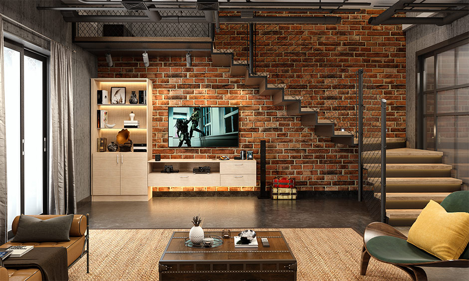 Entertainment room decor in an Industrial-style Den